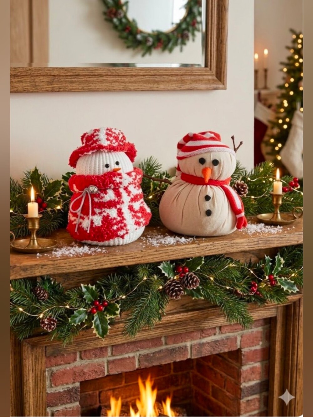 Set of 2 Handmade Snowman Holiday Tabletop Decorations Red and White Primitive